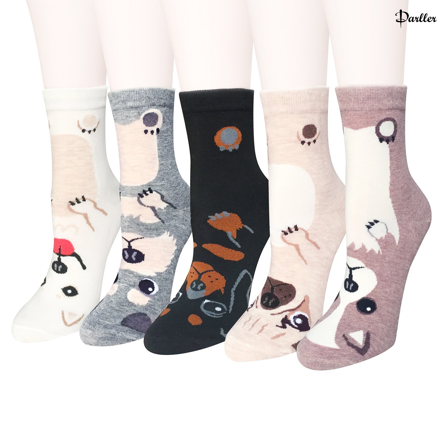 Darller 5 Pairs Womens Cute Animal Design Colorful Cotton Casual Crew Socks by Darller