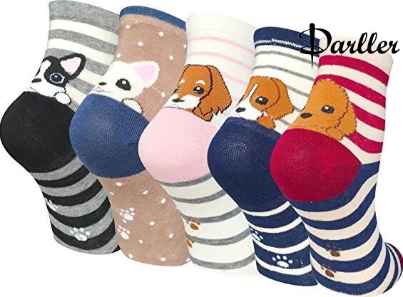 Darller 5 Pairs Womens Cute Dog Animal Colorful Cotton Casual Crew Socks